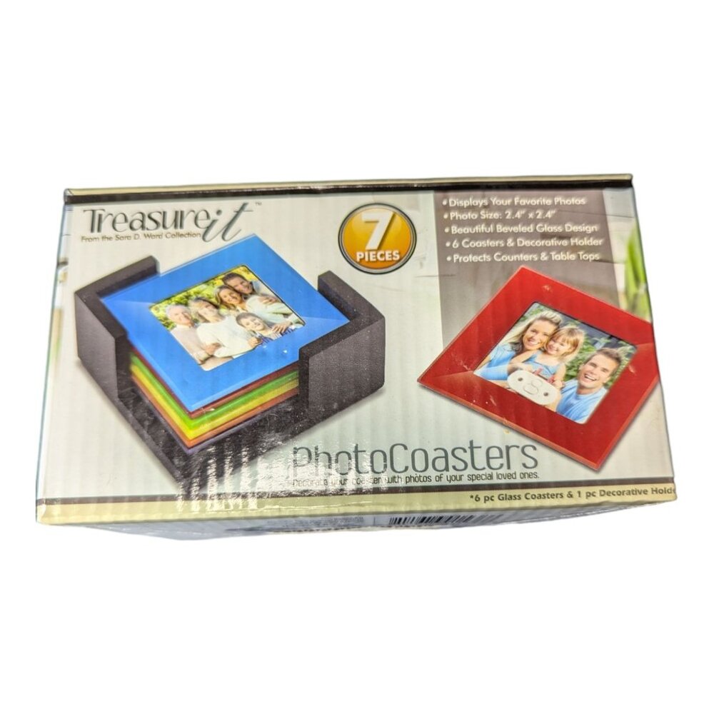 NEW Treasure IT 7 Piece Photo 4"x4" Coasters Rainbow Colors Beveled Glass Design
